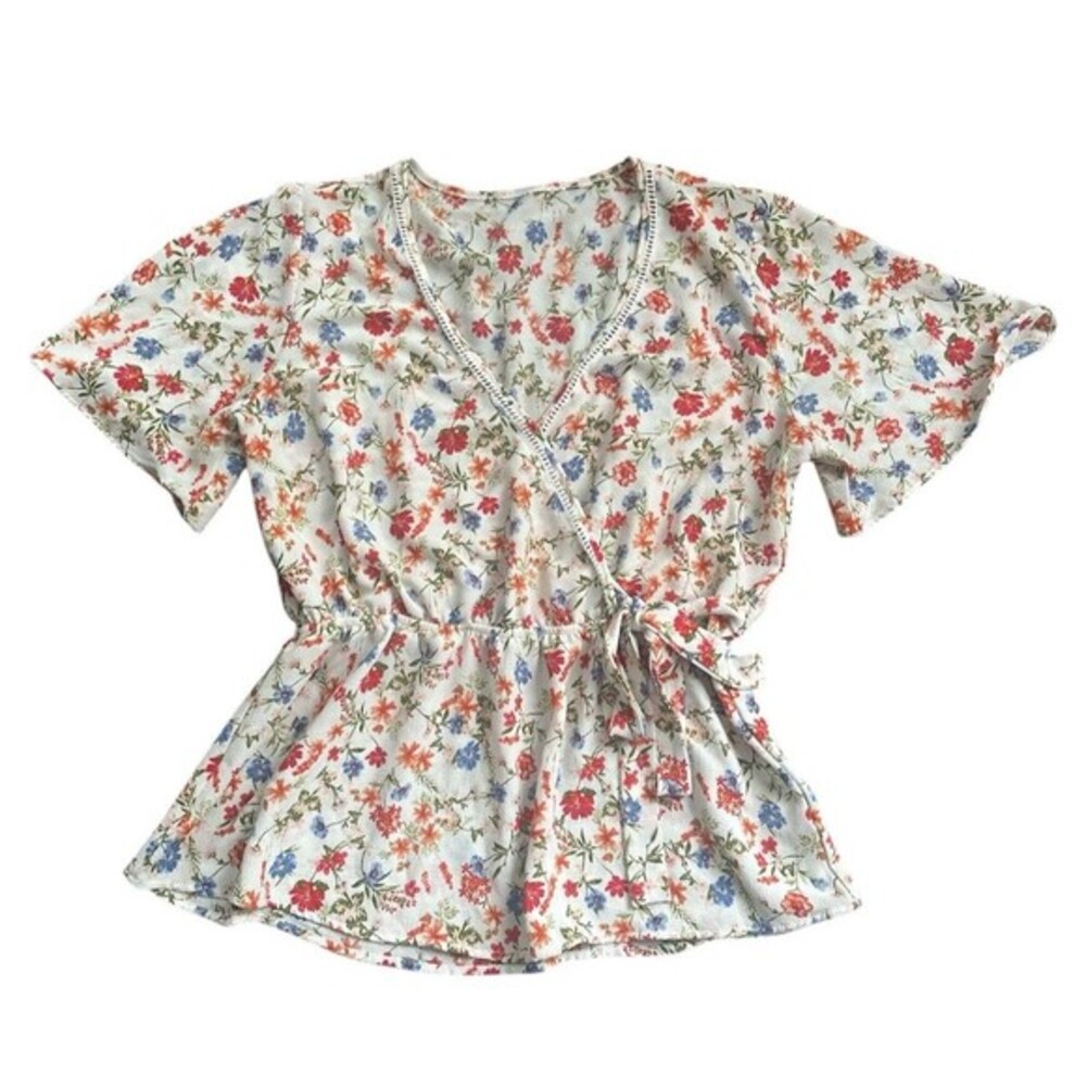 Women's Ivory Floral V Neck Blouse With Side‎ Tie Size Large